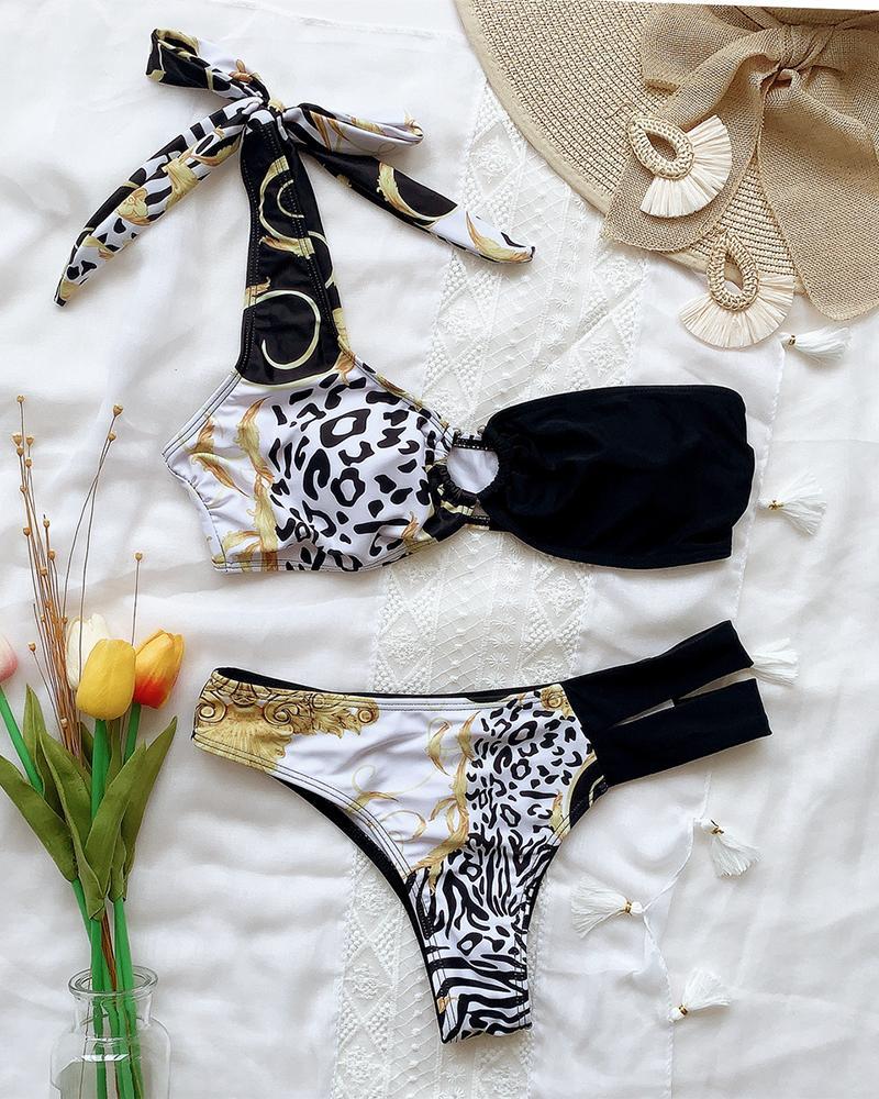 One Shoulder Colorblock Cheetah Print O Ring Padded Bikini Sets