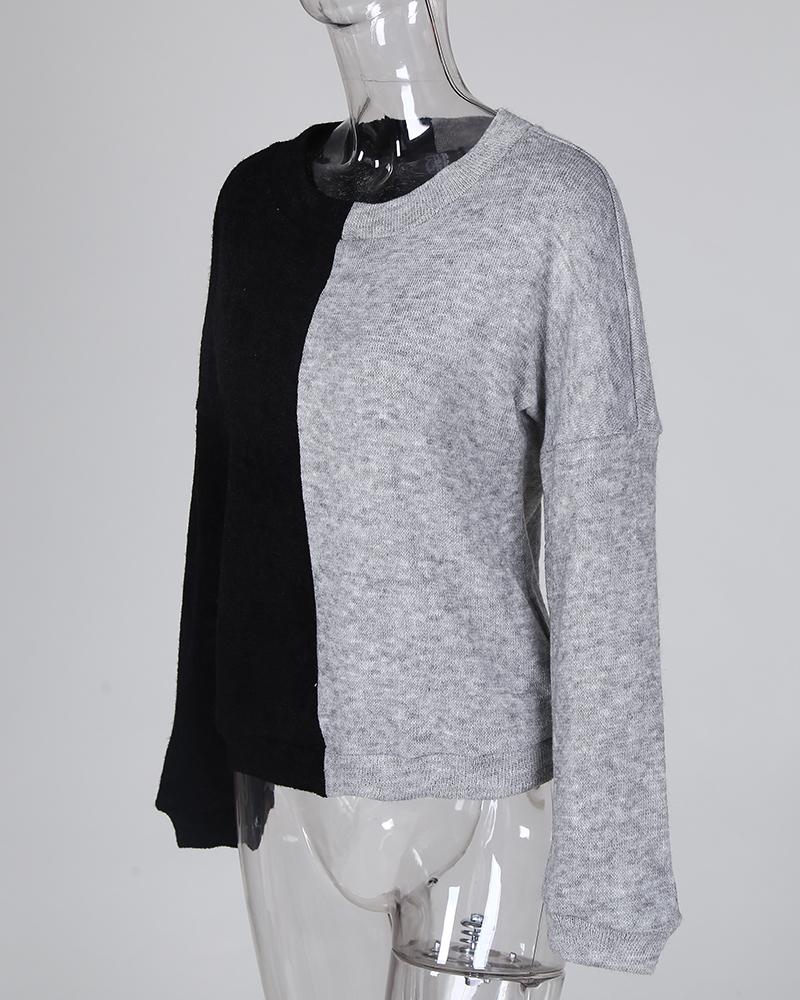 Round Neck Colorblock Insert Long Sleeve Blouse