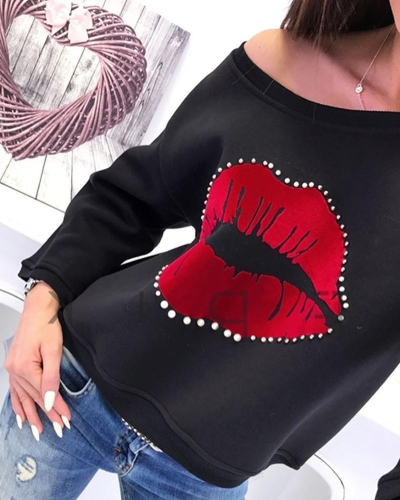 Beaded Mouth Patch Casual Blouse