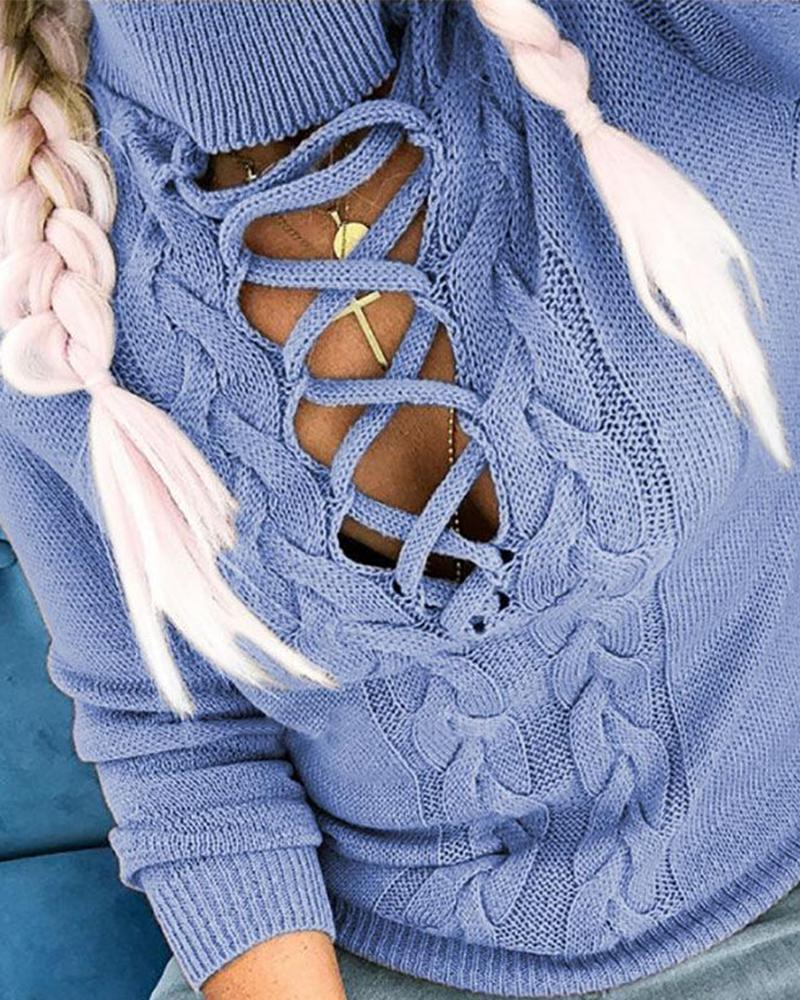Keyhole Lace-Up Ribbed Knit Sweater