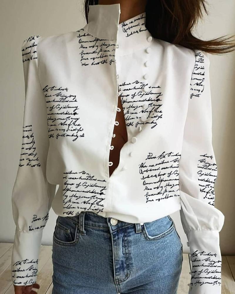 Outlet26 Stand Neck Letter Print Buttoned Shirt white