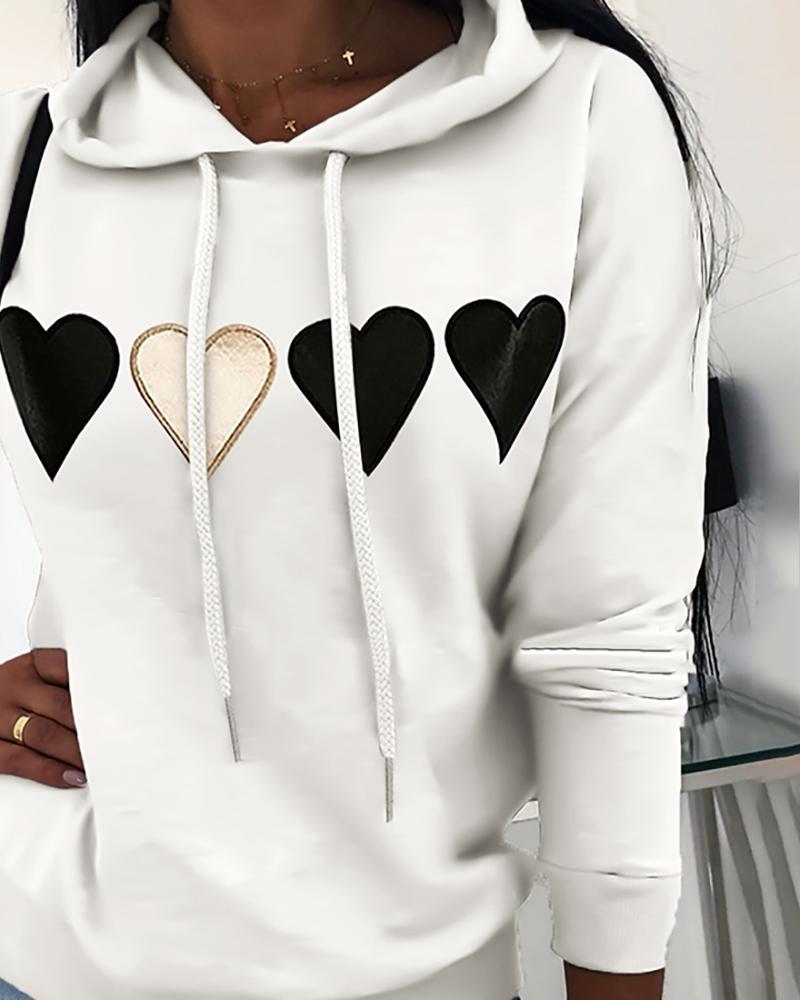 Hooded Drawstring Heart Print Sweatshirt