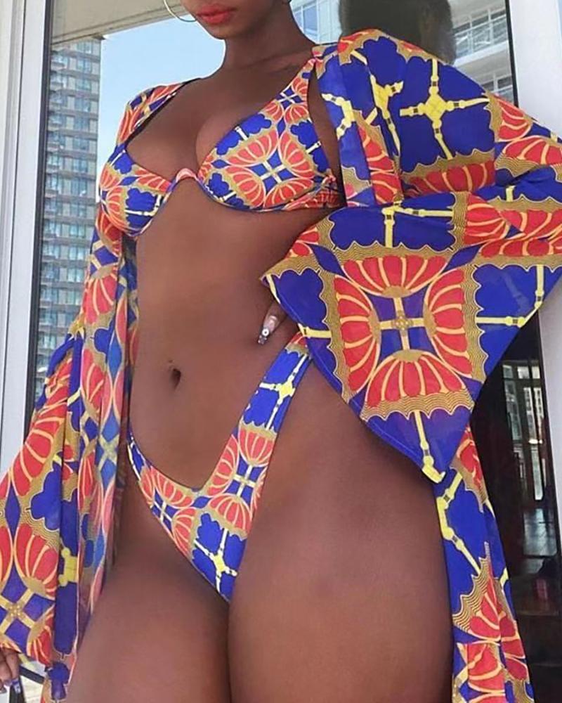 Floral Pattern Print Bikini Set With Longline Cover Up