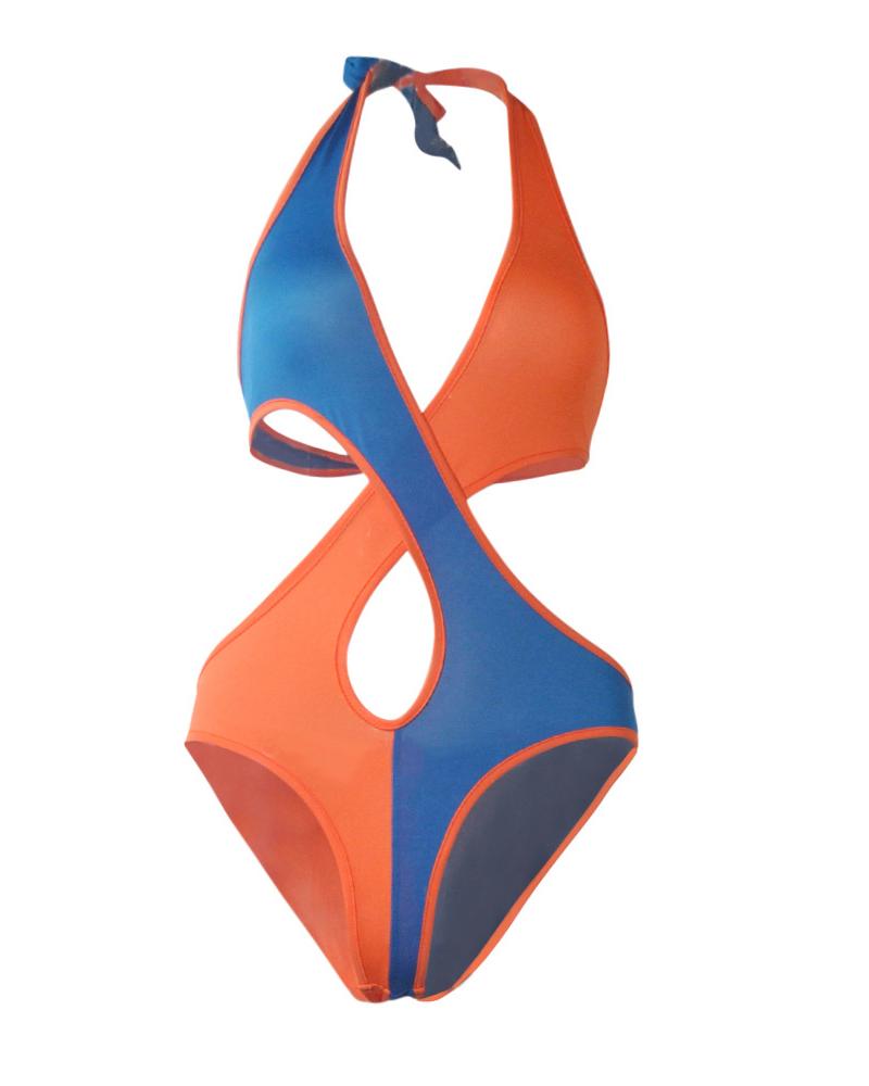 Color Block Halter Sleeveless Cut-out One-Piece Bikini Sets