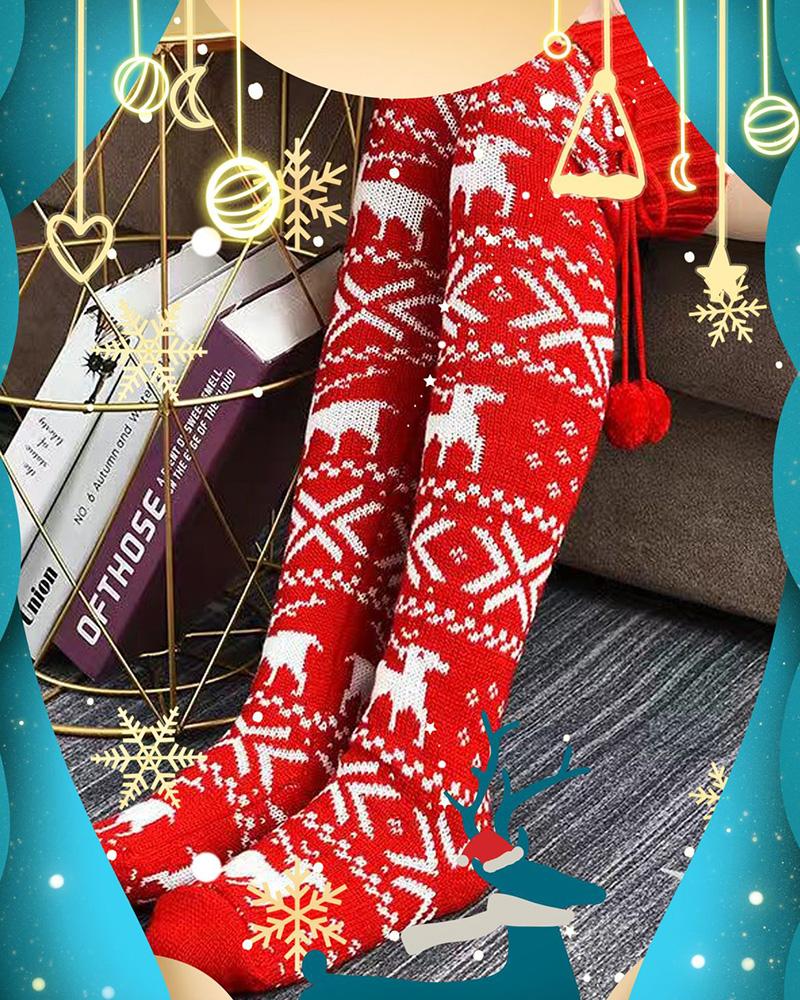 Christmas Pattern Pom Pom Knee Length Socks