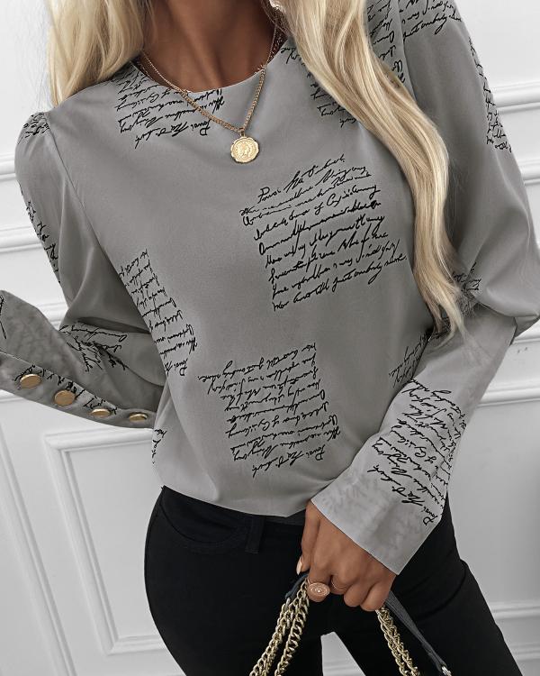 Letter Print Buttoned Long Sleeve Top