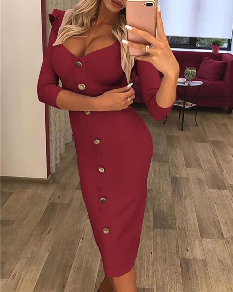 Solid Gold Button Front Midi Dress