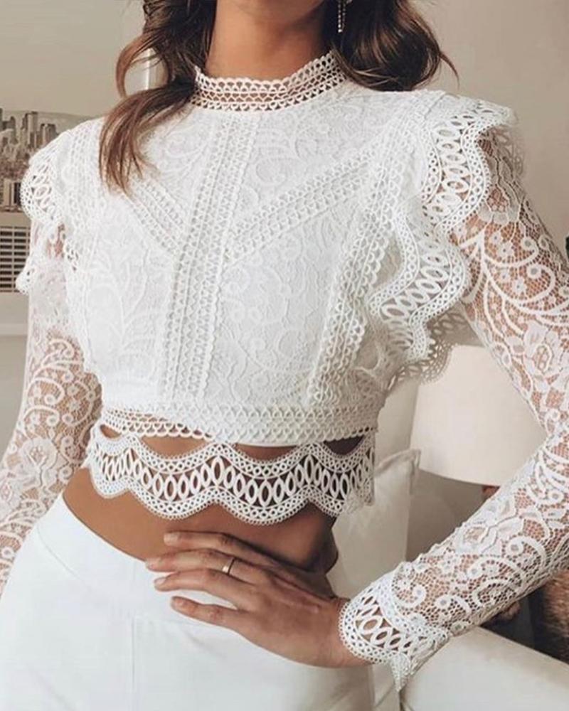 Outlet26 Round Neck Lace Crop Top white