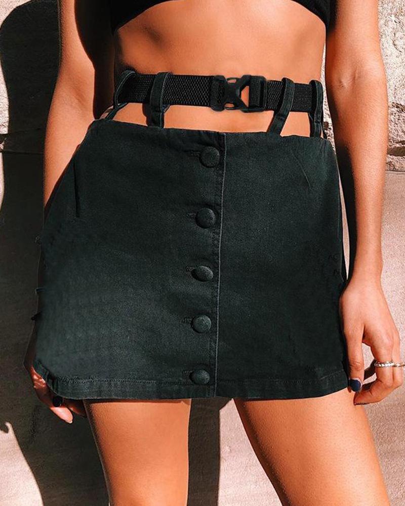 Buckle Belt Button Front Mini Skirt