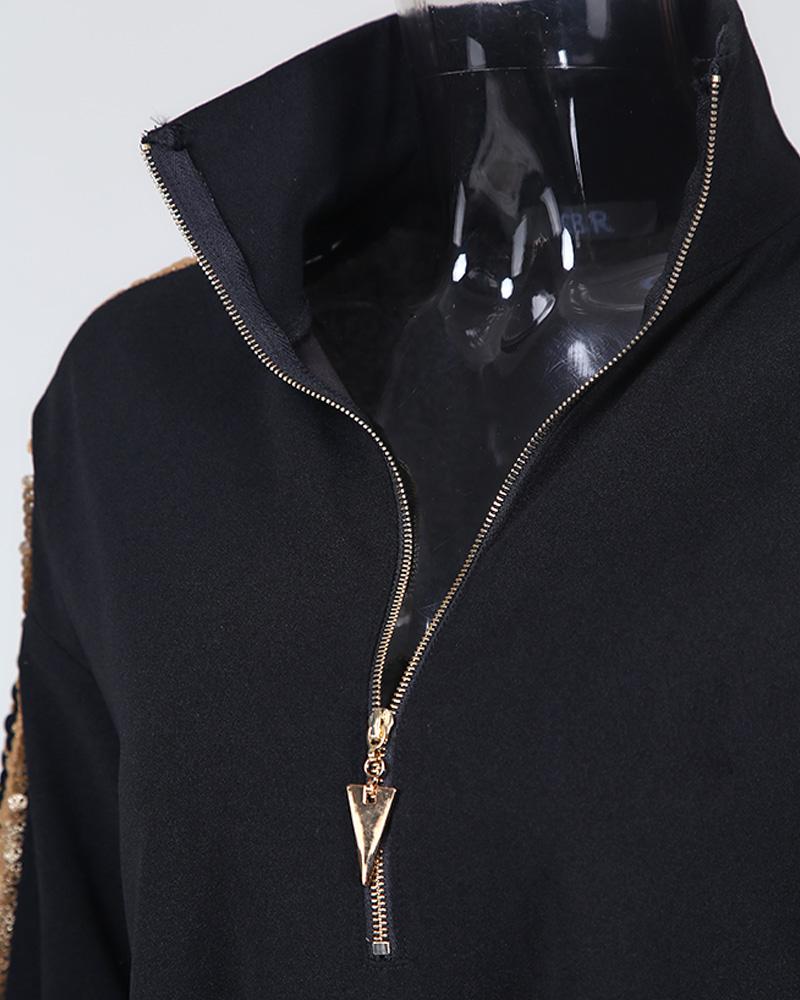 Sequins Patchwork Stand Zipper Design Blouse