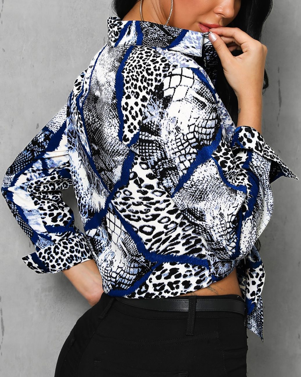 Snakeskin Print Knotted Detail Casual Shirt
