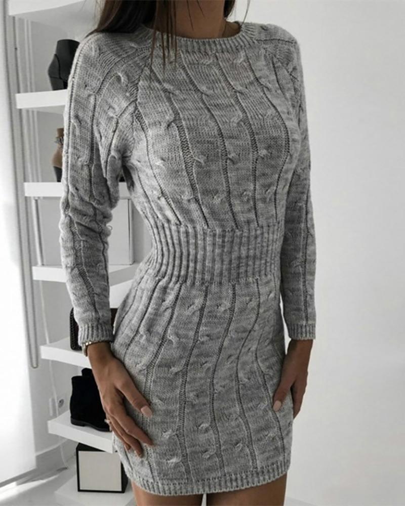 Outlet26 Solid Long Sleeve Tight Waist Sweater Dress gray