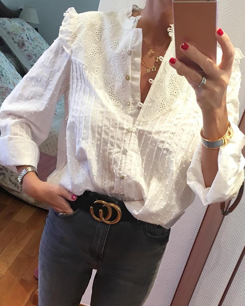 Outlet26 Round Neck Embroidery Ruffles Blouse white