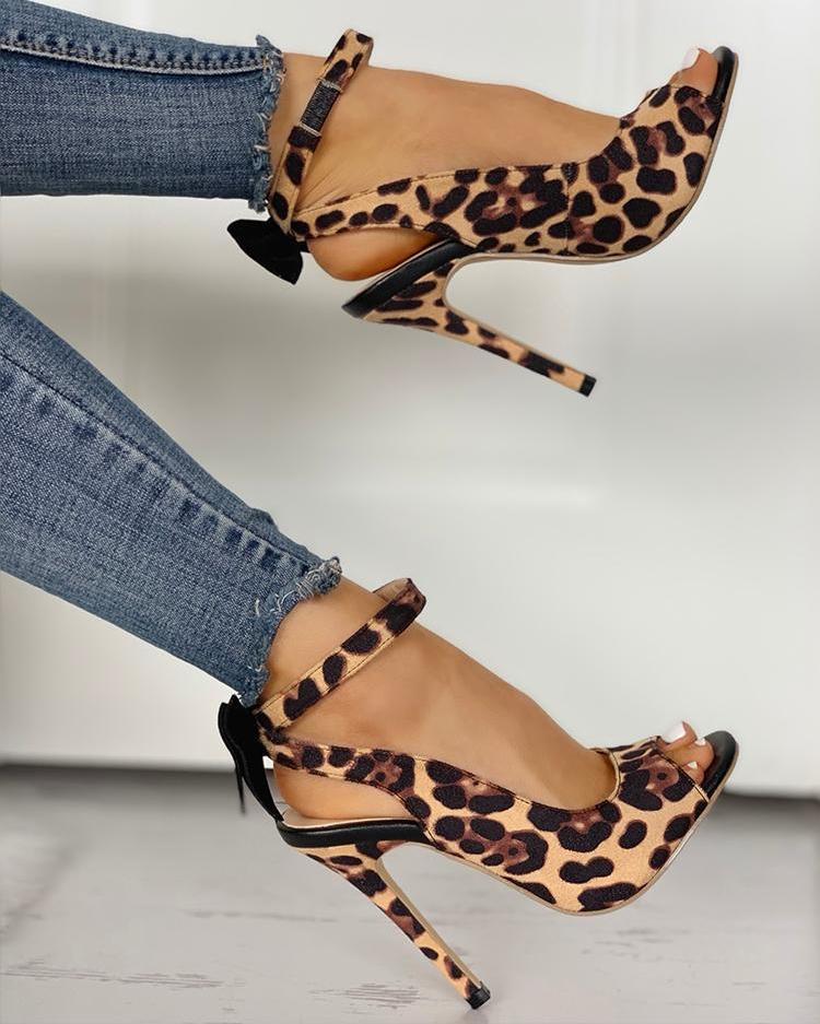 Leopard Bow Detail Thin Heeled Sandals