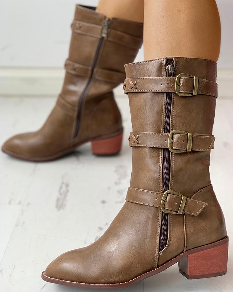Solid PU Buckled Zipped Chunky Heeled Boots