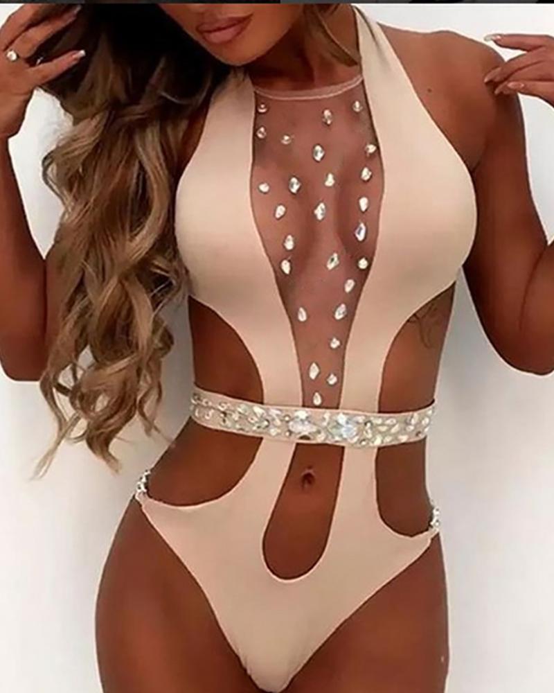 Sheer Mesh Studded One Piece Swimsuit