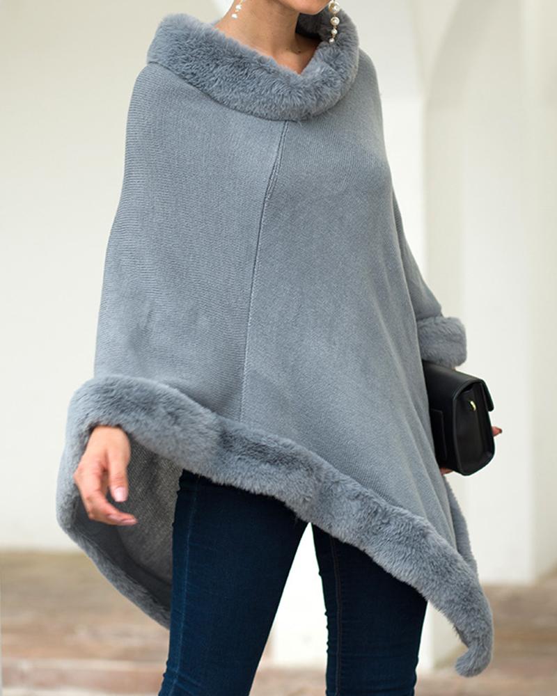Outlet26 Faux Fur Colllar Poncho Sweater gray