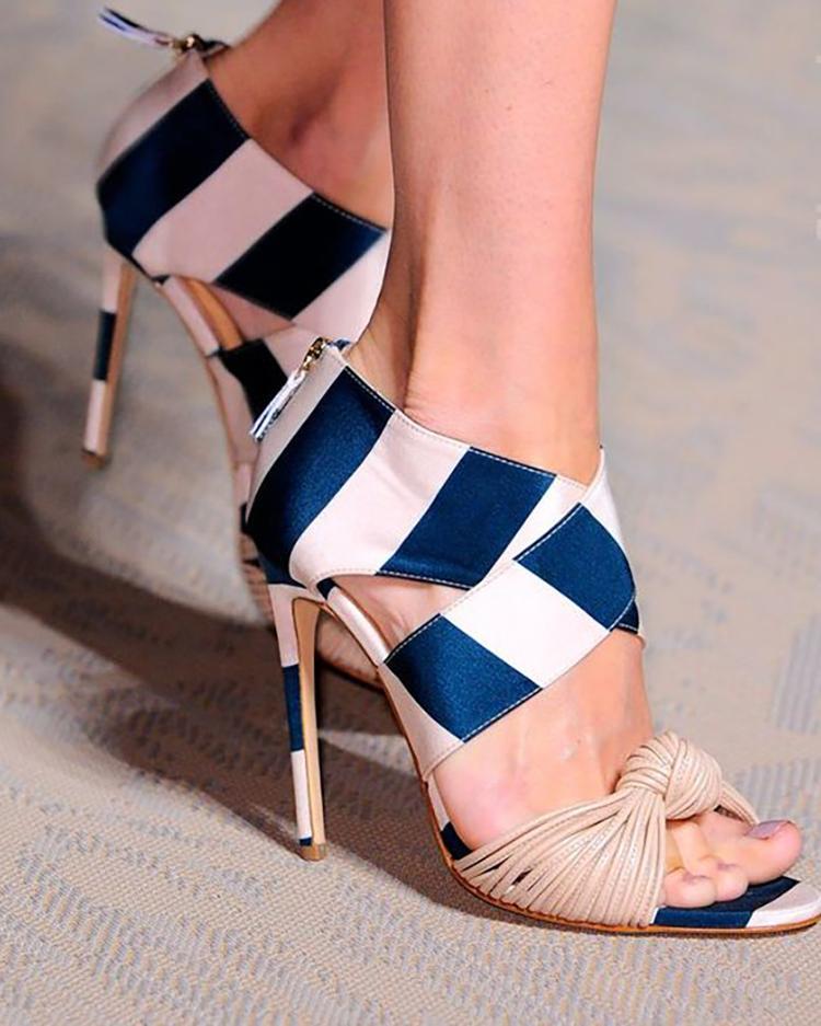 Striped Crisscross Knotted Thin Heeled Sandals