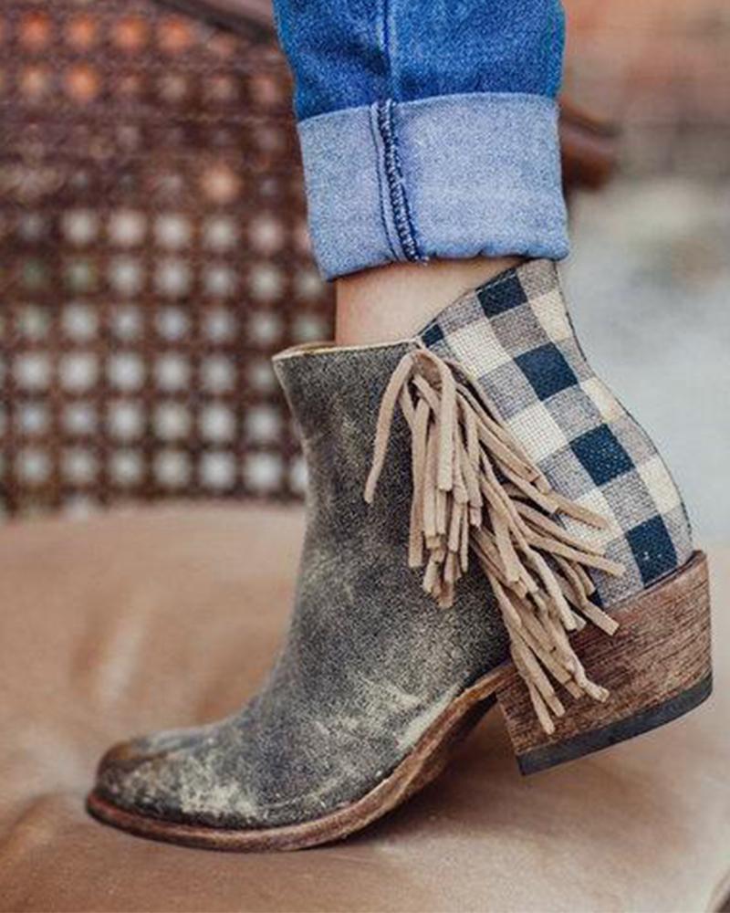 Outlet26 Mid Calf Plaid Tassel Boot gray