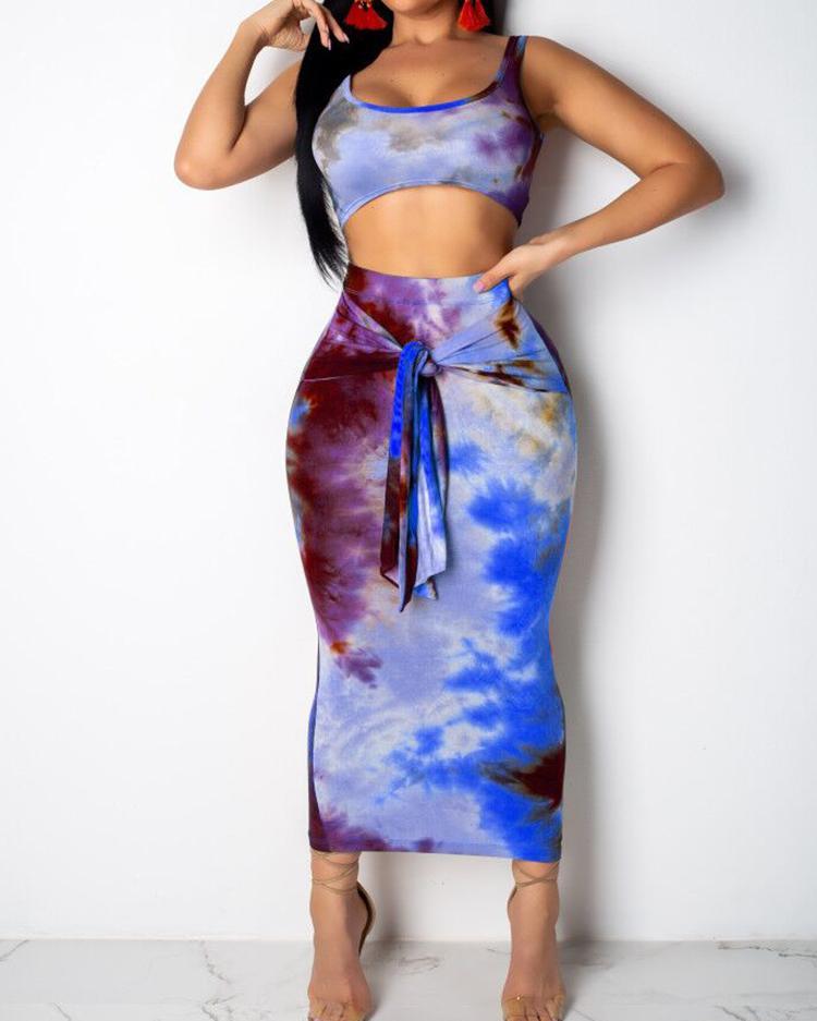 Tie Dye U-Neck Crop Top & Sllinky Skirt Sets