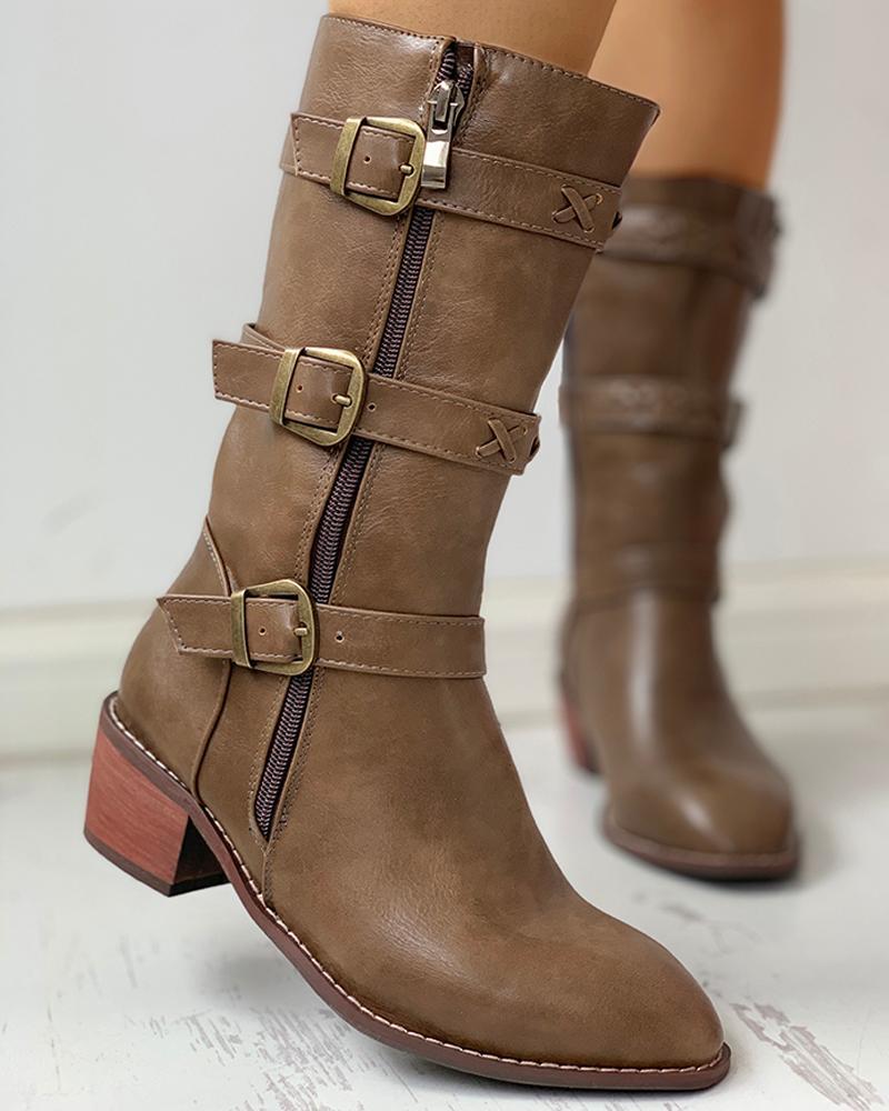 Solid PU Buckled Zipped Chunky Heeled Boots