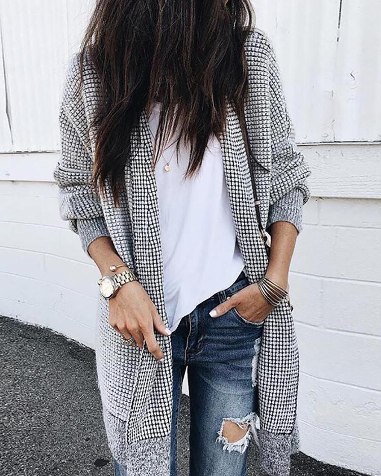 Solid Open Front Grid Casual Coat
