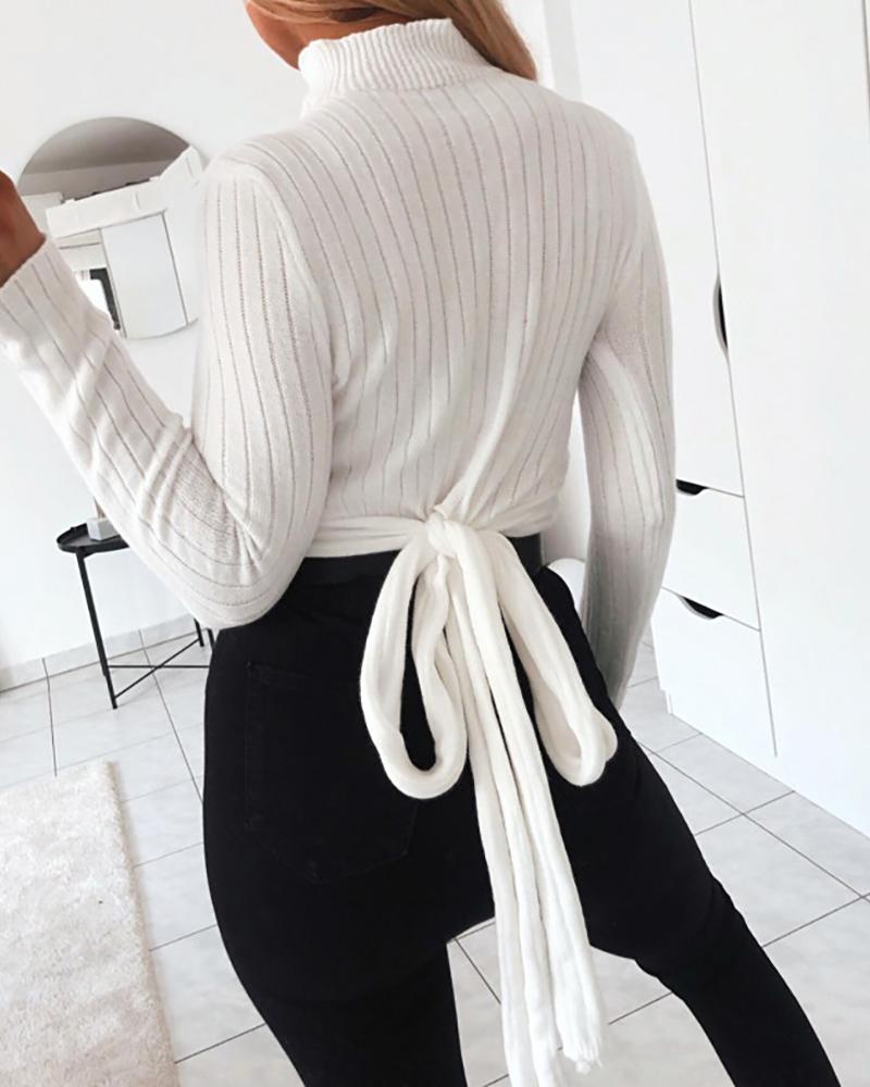 Solid Mock Neck Long Sleeve Ribbed Bowknot Tied Blouse