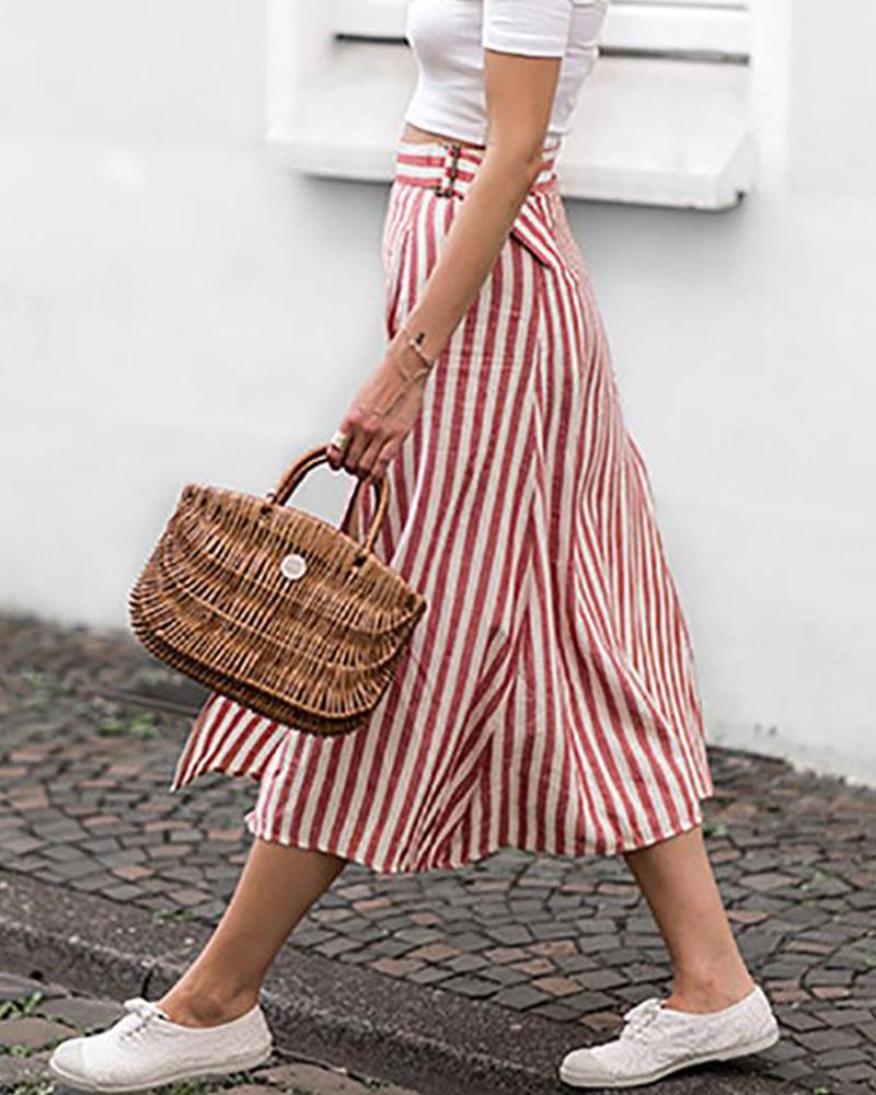 Outlet26 Striped Belted Chiffon Midi Skirt red