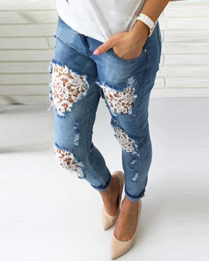 Lace Insert Ripped Jeans
