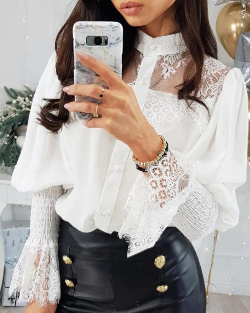 Outlet26 Mesh Lace Insert Lantern Sleeve Blouse white