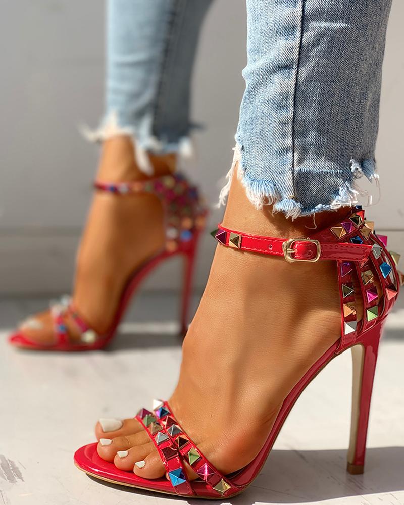 Outlet26 Glitter Studded Ankle Buckled Thin Heeled Sandals red