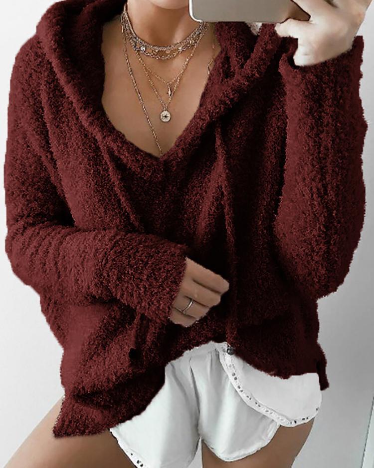 Outlet26 Fashion Fuzzy Drawstring Hoodies Sweatshirt Wine red