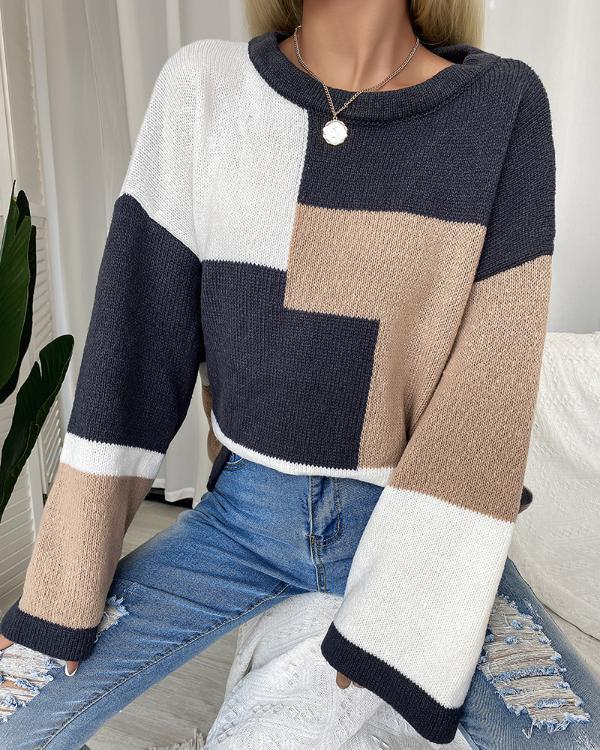 Colorblock Bell Sleeve Drop Shoulder Sweater