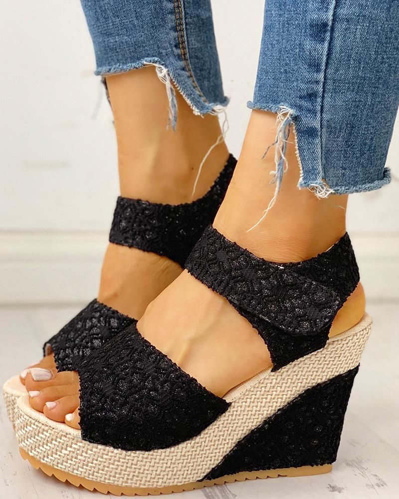 Lace Spliced Peep Toe Platform Wedge Sandals