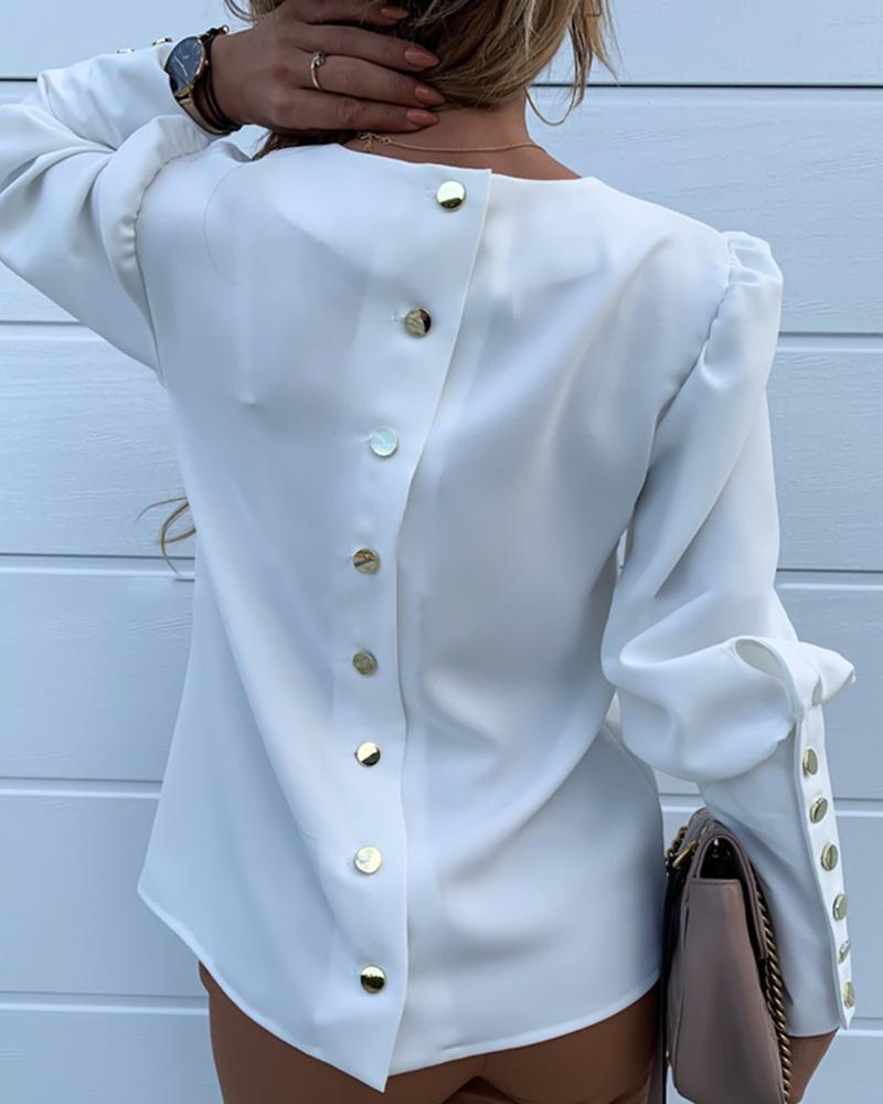 Solid Metal Buttoned Detail Casual Blouse