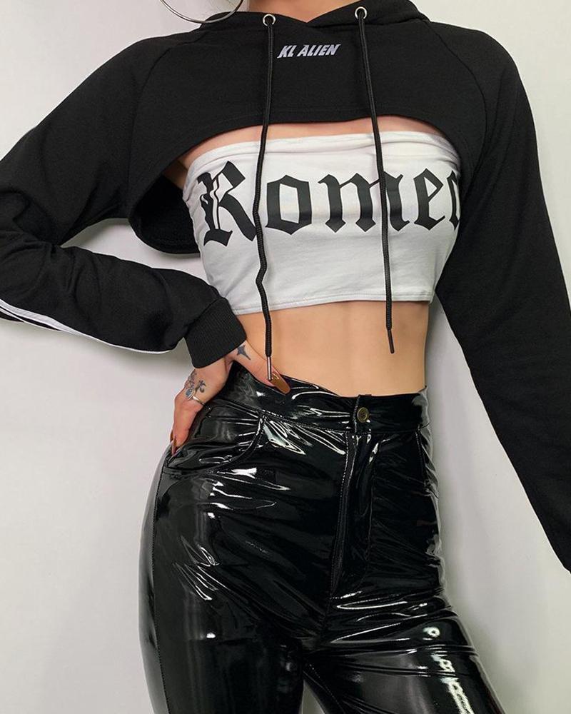 Outlet26 Layered Letter Print Crop Hoodie black