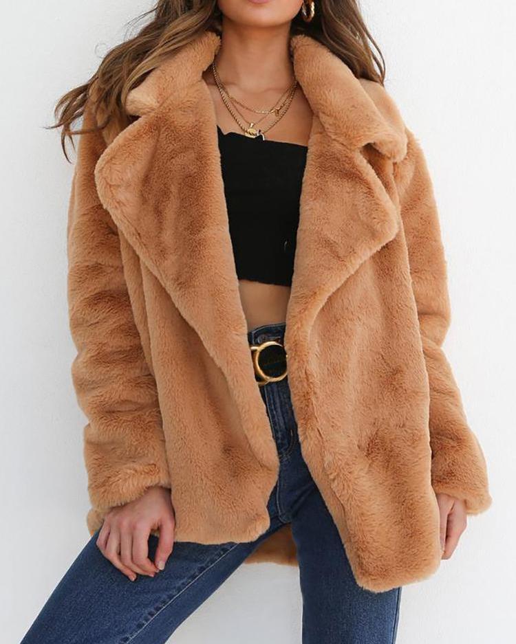 Solid Fluffy Open Front Long Sleeve Coat