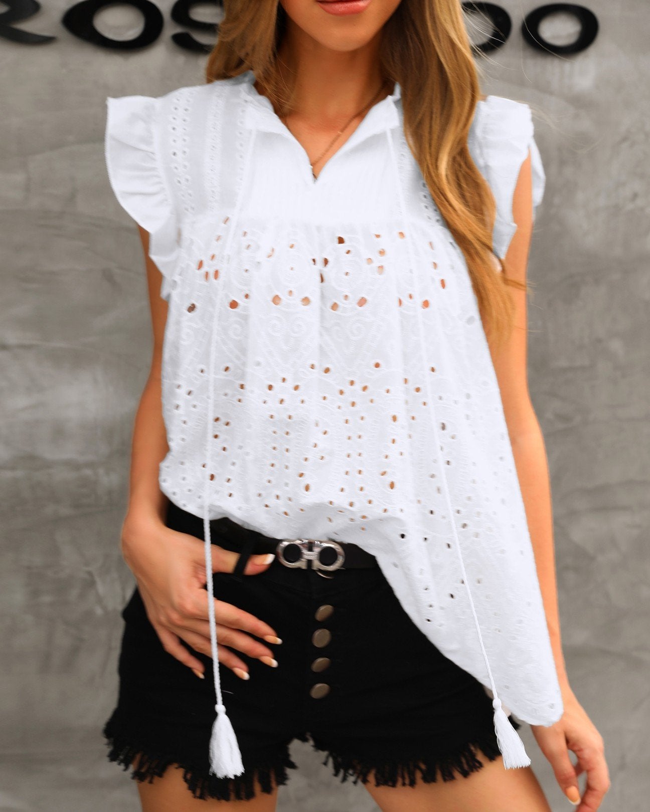 Solid Hollow Out Lace Flutter Sleeve Blouse
