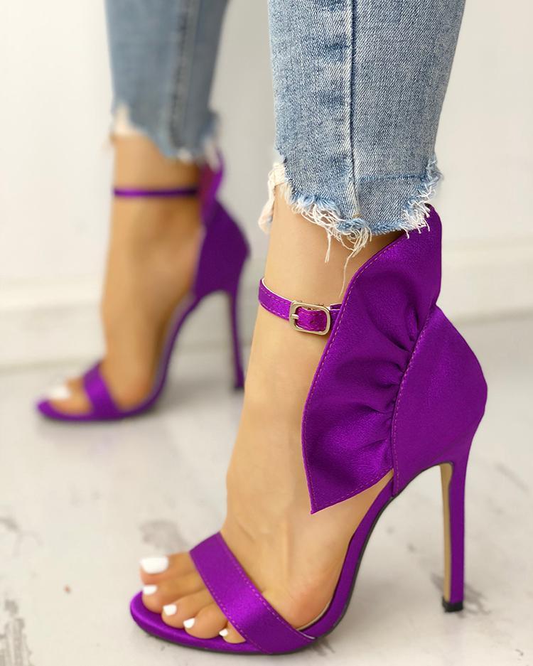 Velvet Ruffles Embellished Thin Heeled Sandals