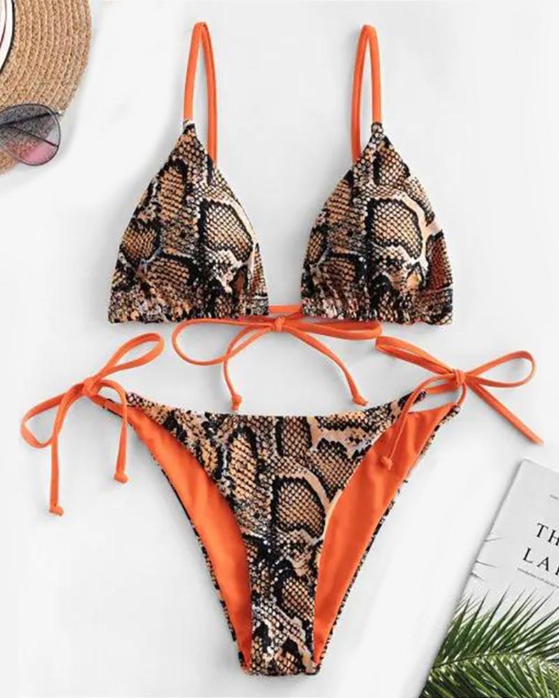 Cheetah / Snakeskin Print Colorblock Padded Bikini Set