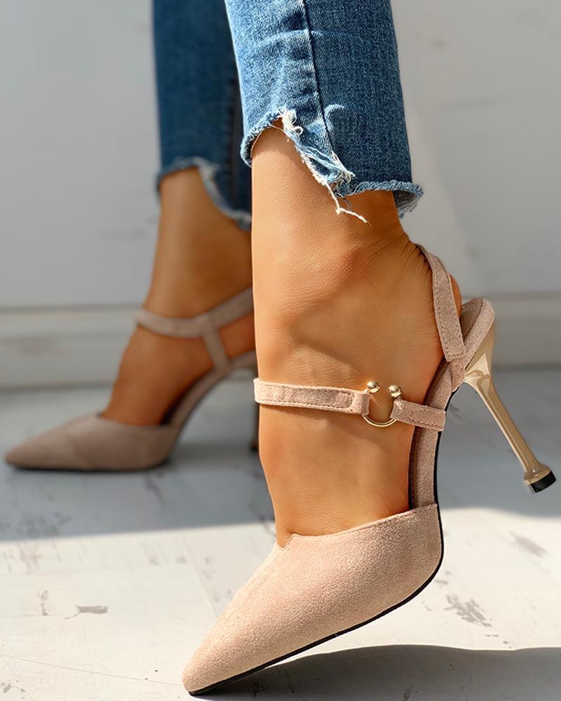 Pointed Toe Suede Ankle Buckled Thin Heeled Sandals