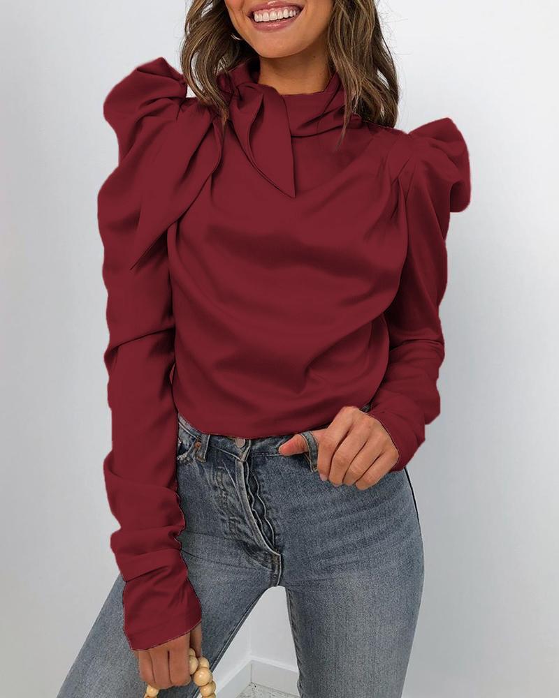 Solid Puff Sleeve Tied Neck Blouse