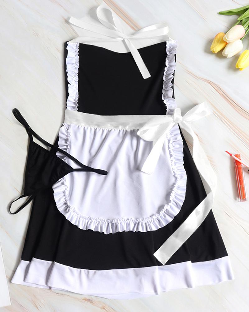 Patchwork Strap Dress With Apron And Panties Cosplay Sexy Sets