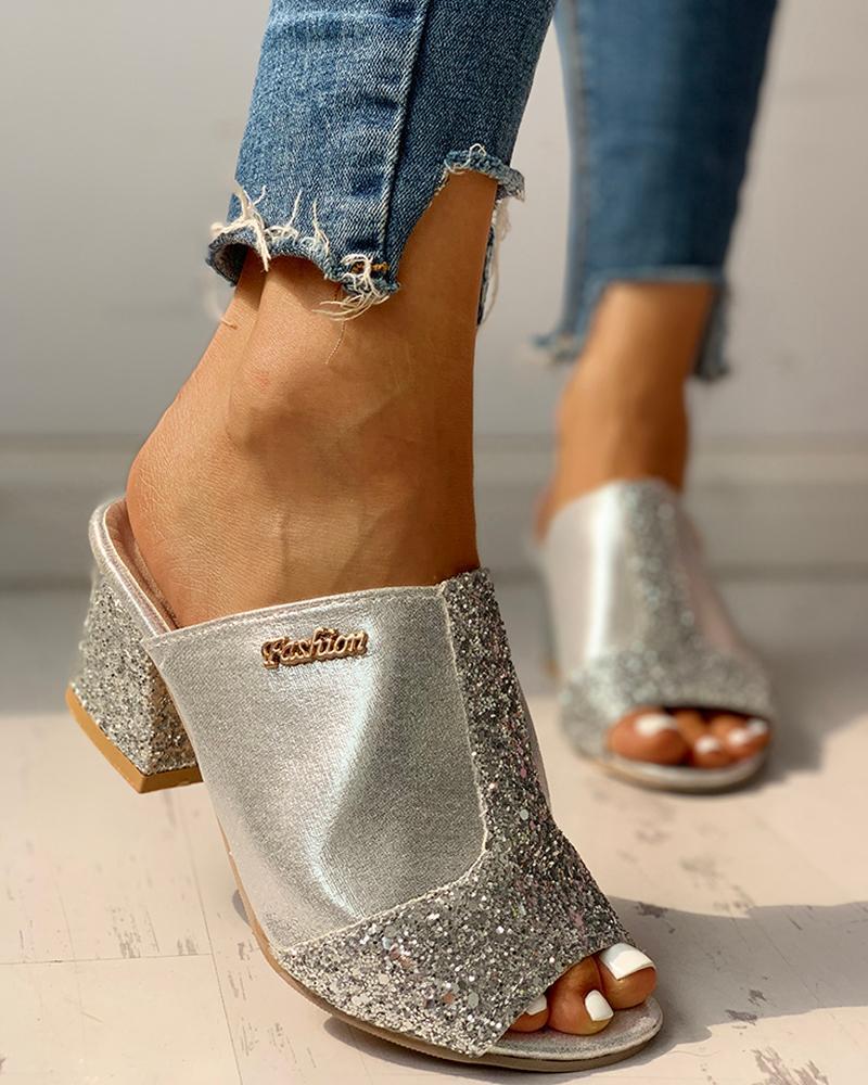 Glitter Peep Toe Slingback Chunky Heeled Sandals