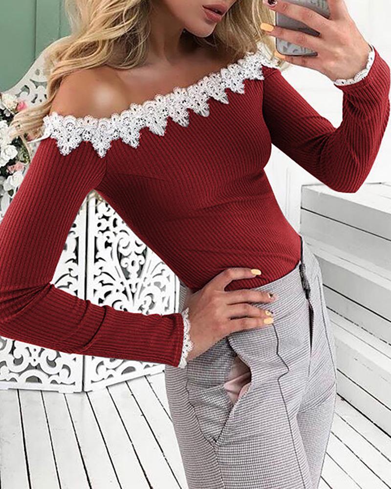 Guipure Lace Ribbed Long Sleeve Top