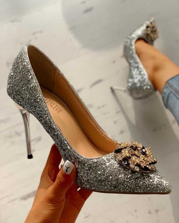 Outlet26 Gem-Studded Pointed Toe Sequin Stiletto Heels silver