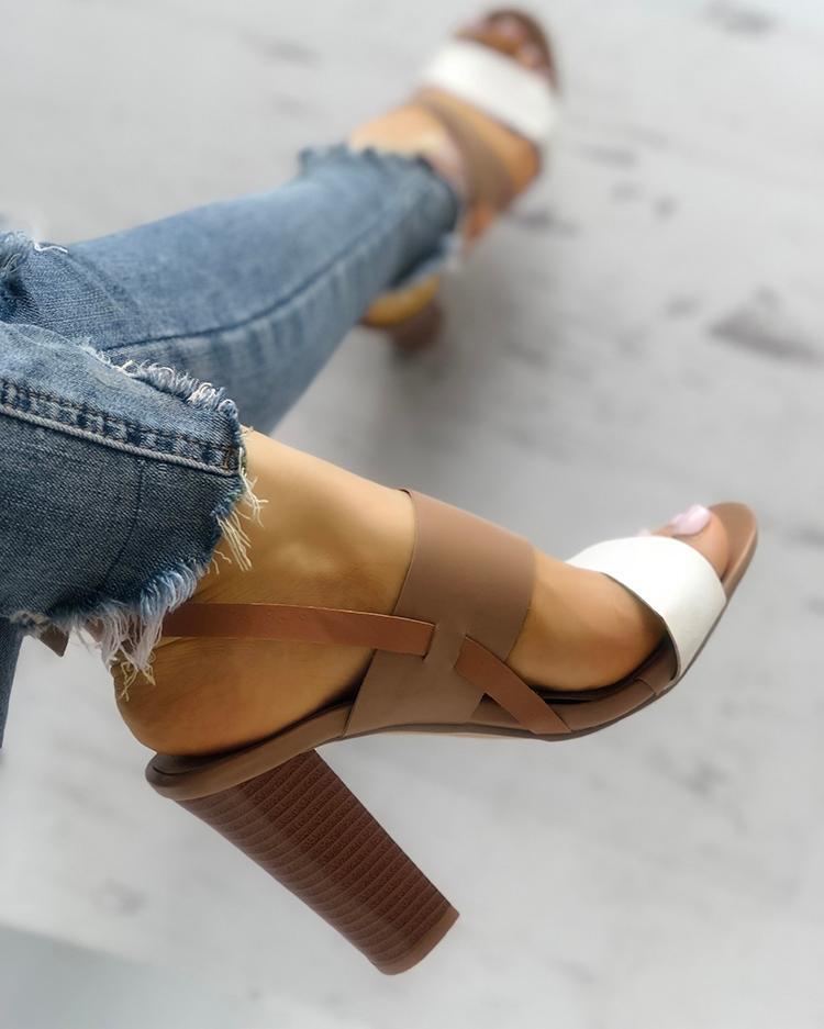 Contrast Color Slingback Buckled Chunky Heeled Sandals