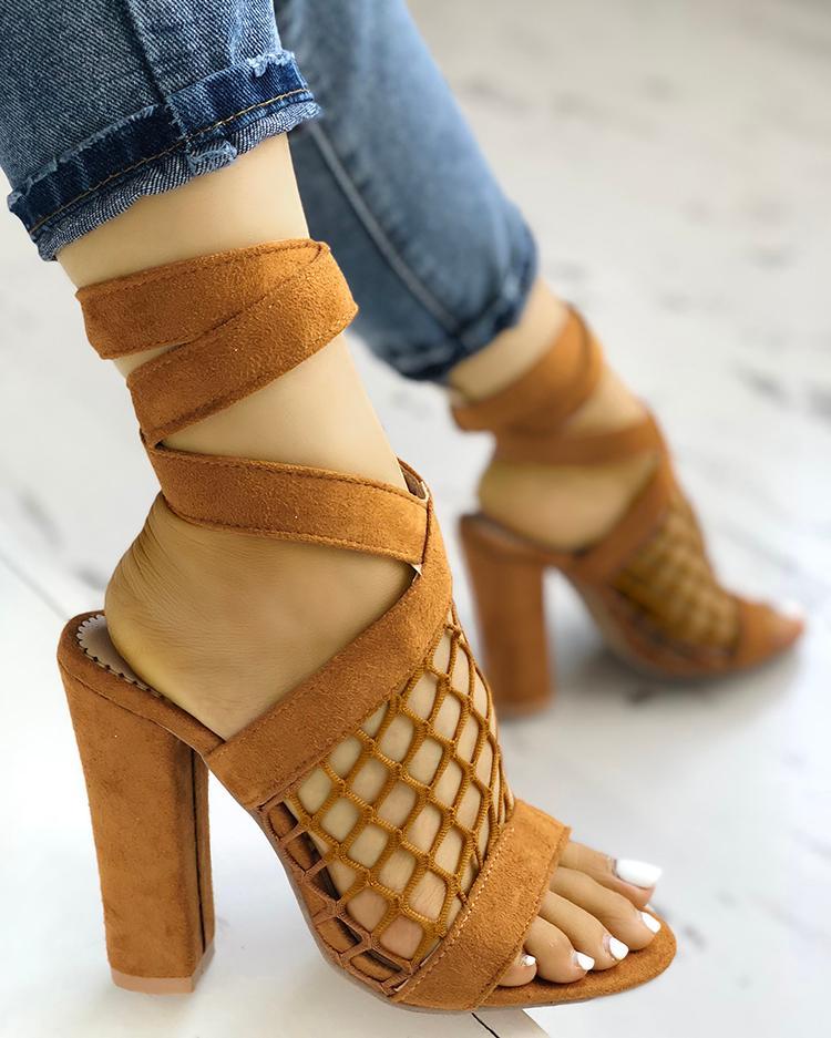 Hollow Out Lace-up Chunky Sandals