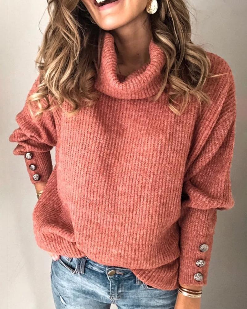 Solid High Neck Popper Cuff Long Sleeve Ribbed Knitting Sweater