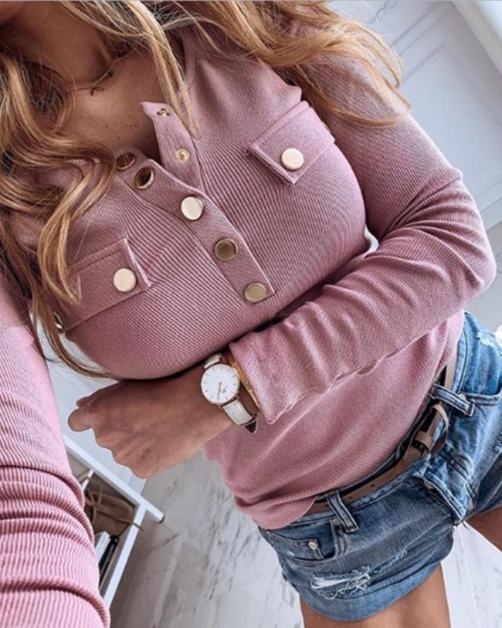 Buttoned Ribbed Long Sleeve Blouse
